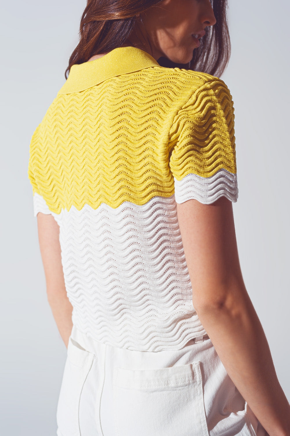 Knitted Colour Block Cropped Polo in White and Yellow