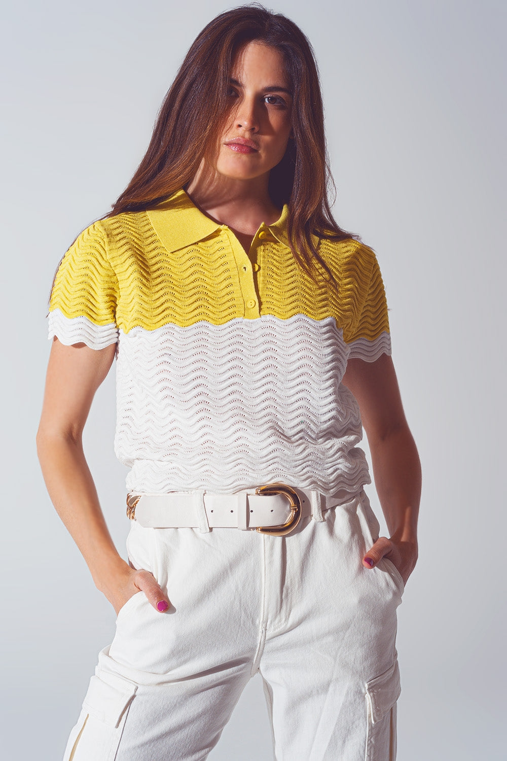Knitted Colour Block Cropped Polo in White and Yellow